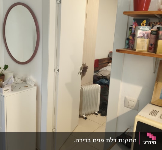 דלת פתוחה בחדר עם מראה ועציץ
